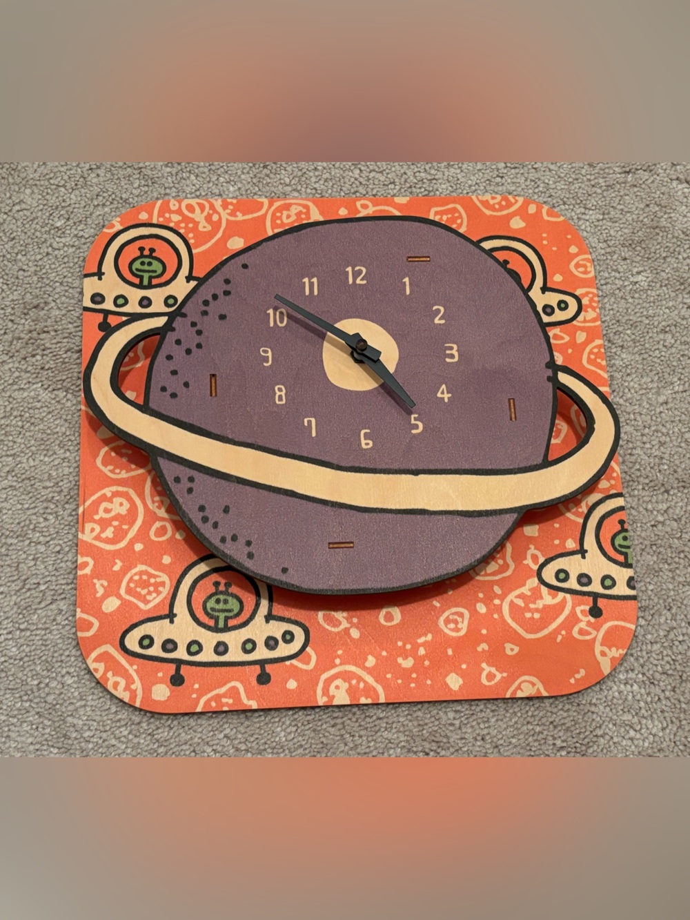 Modern Moose Kids Space Themed Wall Clock Aliens 3-D Wooden USA Made